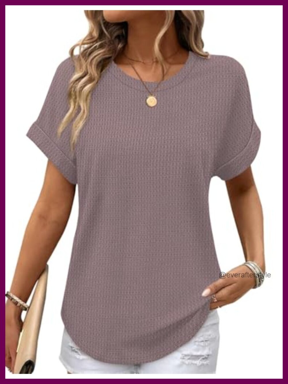 Women's Waffle Knit Short Sleeve T-Shirt Loose Fit Crew Neck Curved Hem Tunic